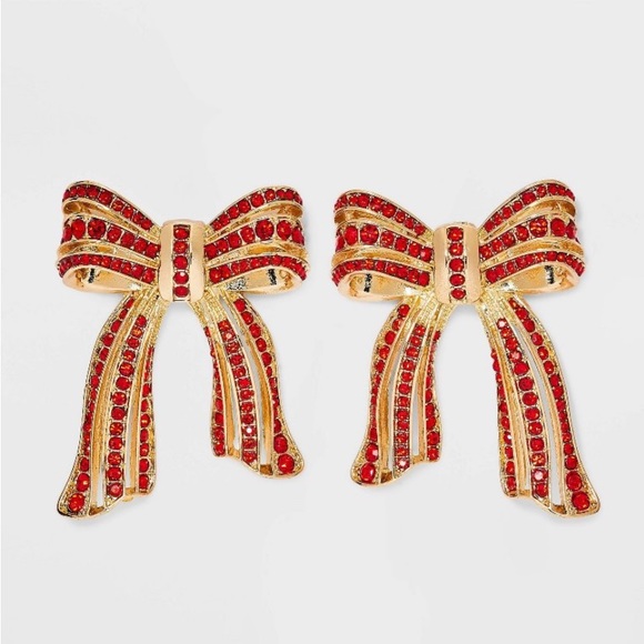SUGARFIX BaubleBar Crystal Gold
Bow Statement Christmas Earrings Gold Red NWT - Picture 1 of 10
